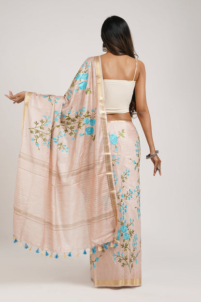 Teejh Gulrang Cream and Blue Silk Linen Saree with Blouse Piece