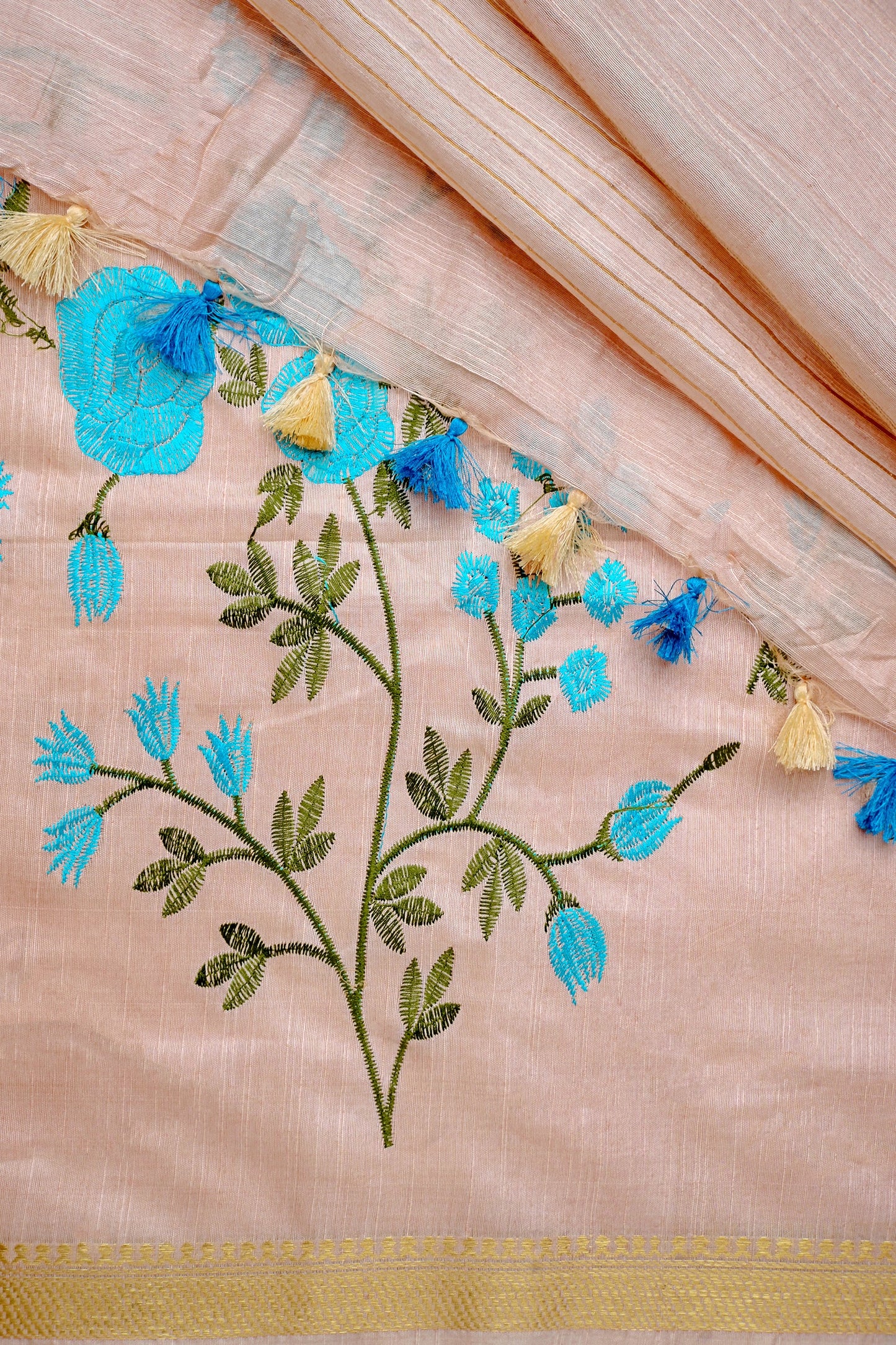 Teejh Gulrang Cream and Blue Silk Linen Saree with Blouse Piece