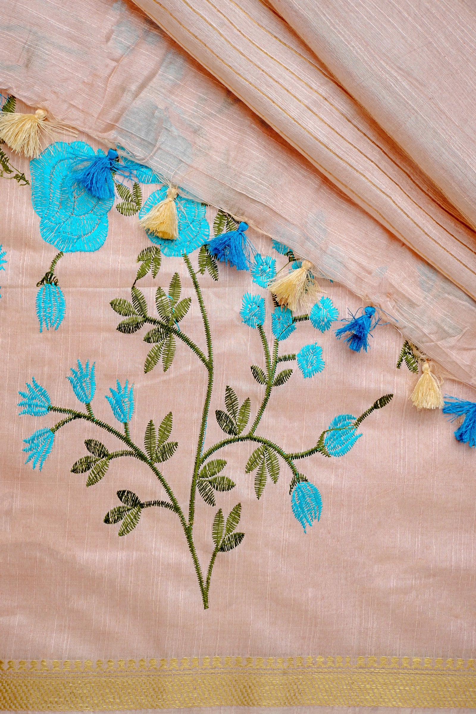 Teejh Gulrang Cream and Blue Silk Linen Saree with Blouse Piece