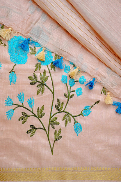 Teejh Gulrang Cream and Blue Silk Linen Saree with Blouse Piece