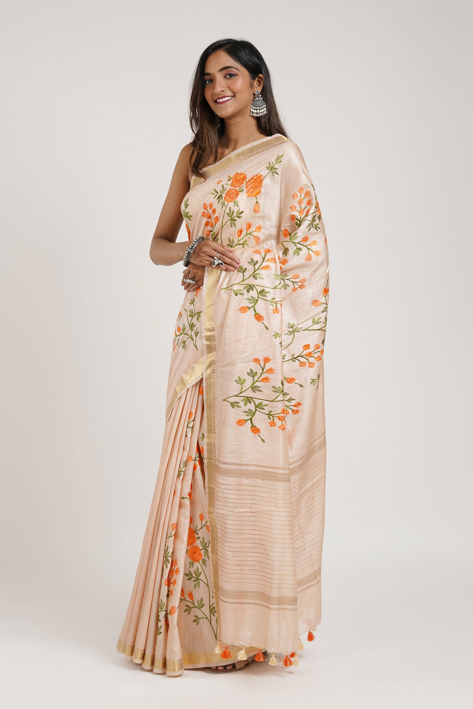 Teejh Gulrang Cream and Orange Silk Linen Saree with Blouse Piece
