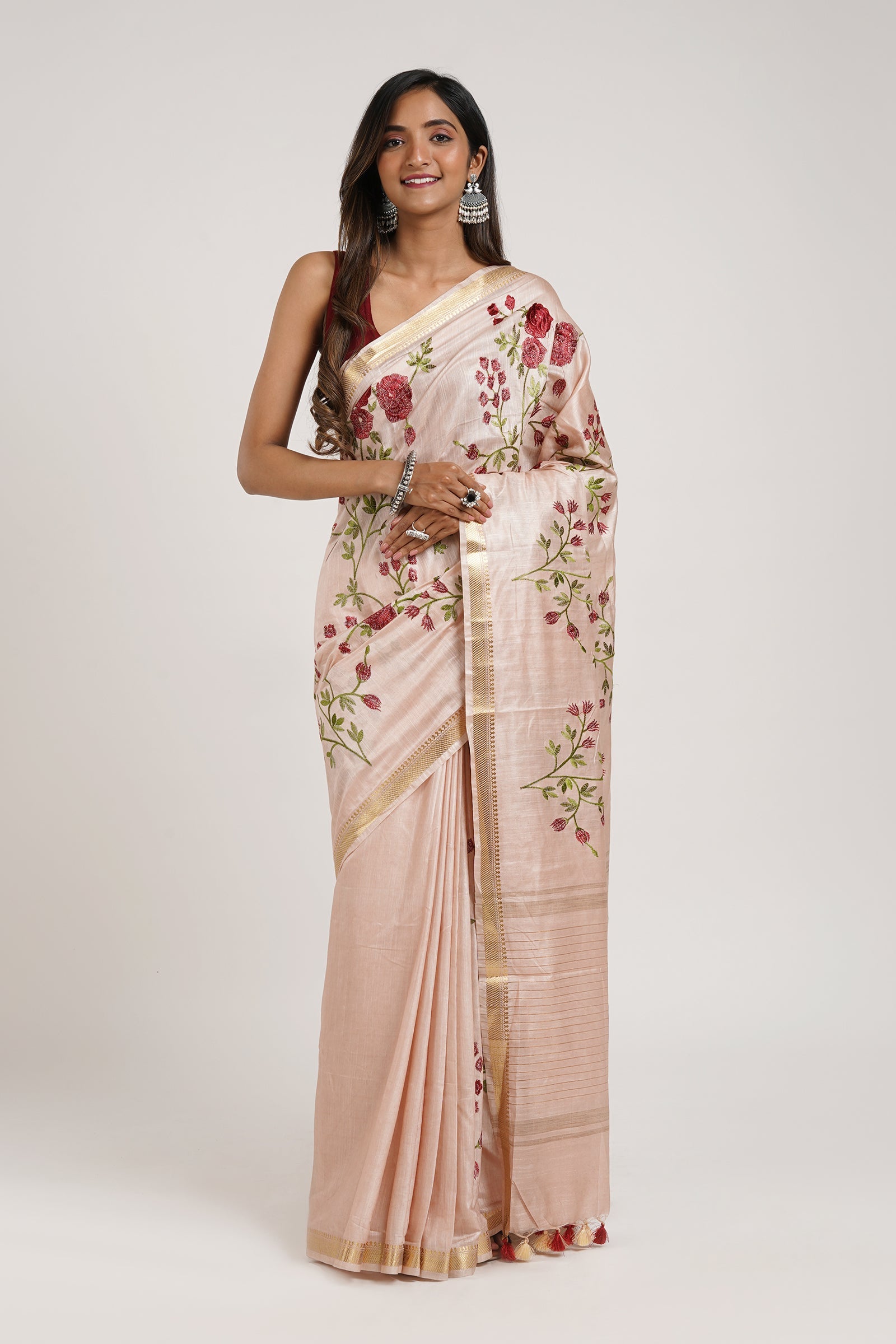 Teejh Gulrang Cream and Red Silk Linen Saree with Blouse Piece