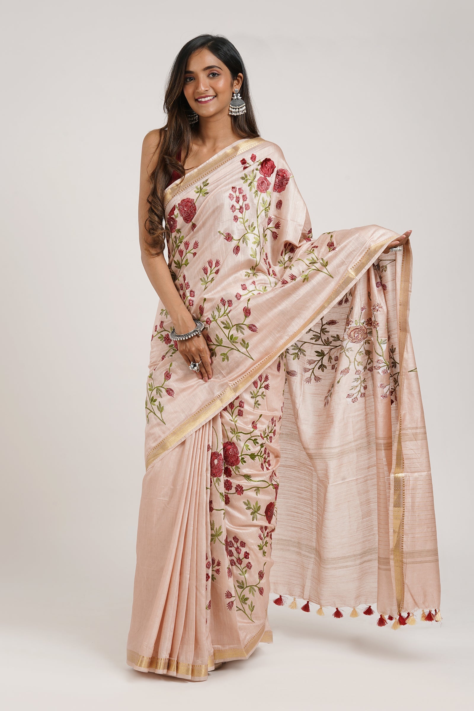 Teejh Gulrang Cream and Red Silk Linen Saree with Blouse Piece