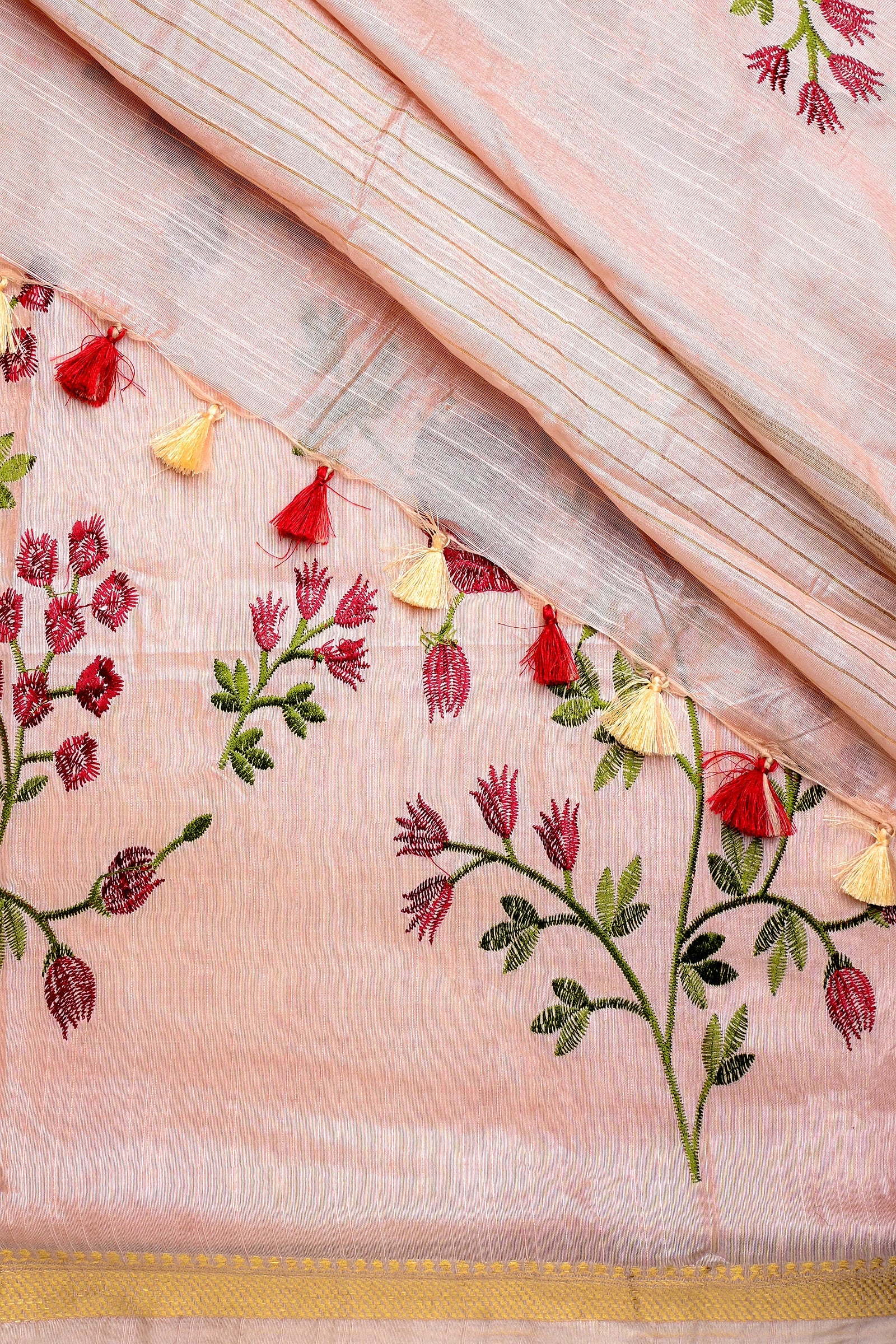 Teejh Gulrang Cream and Red Silk Linen Saree with Blouse Piece