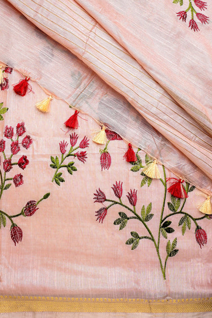 Teejh Gulrang Cream and Red Silk Linen Saree with Blouse Piece