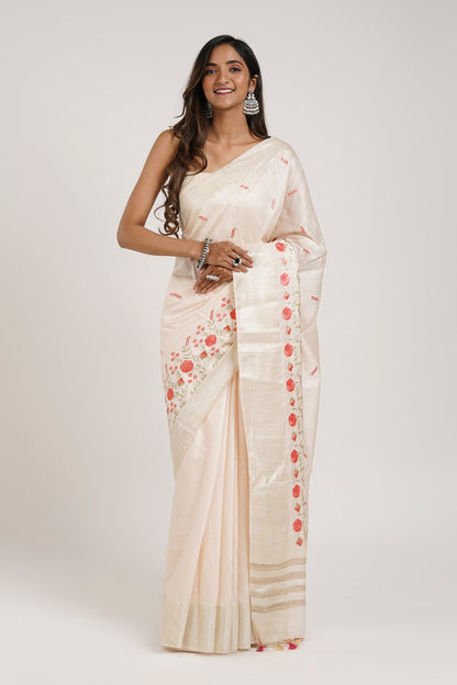 Teejh Batika Cream Pure Silk Linen Saree with Blouse Piece