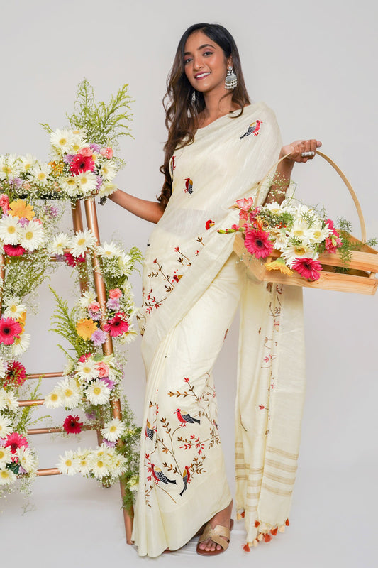 Teejh Taarakini Off White Pure Silk Linen Saree with Blouse Piece