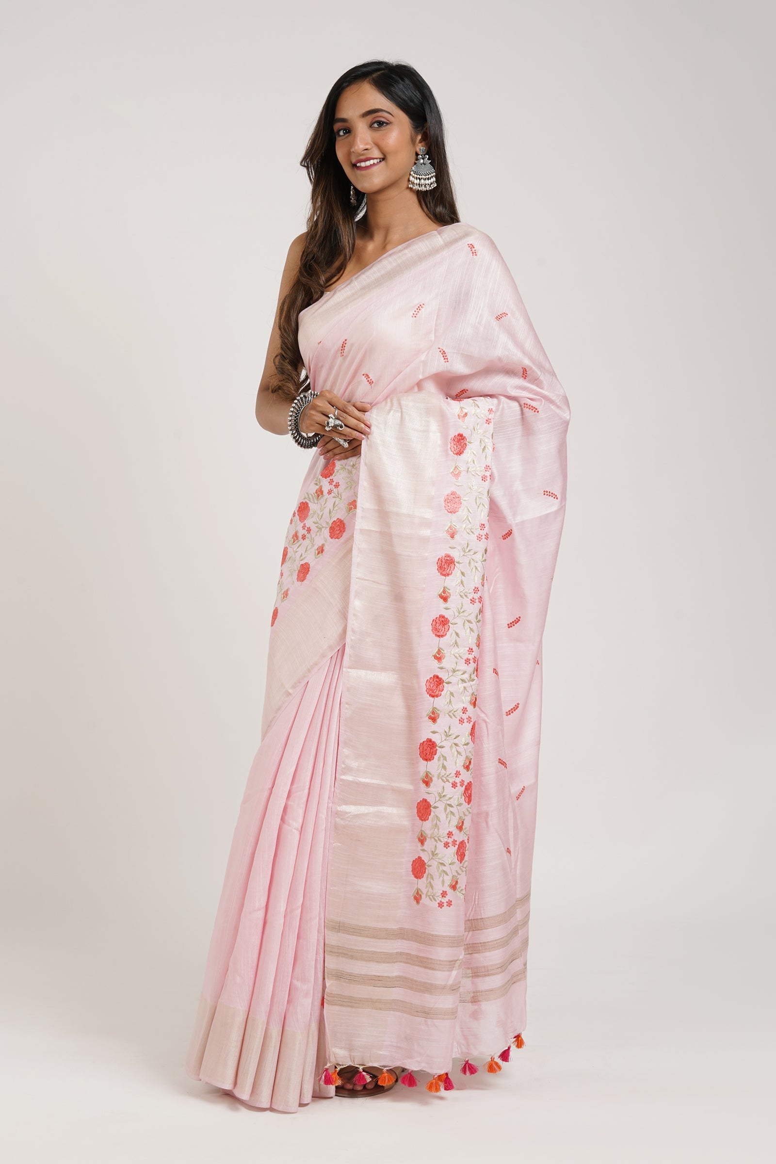Teejh Keya Pink Pure Silk Linen Saree With Blouse Piece