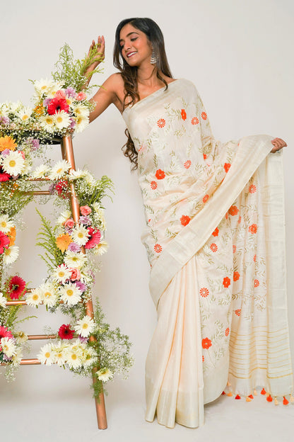 Teejh Yamira Off White Pure Silk Linen Saree with Blouse Piece