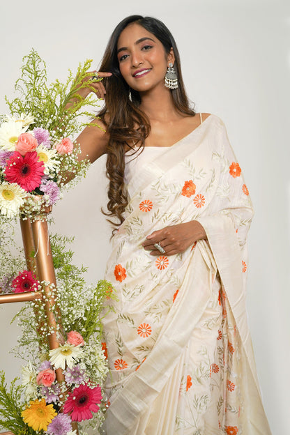 Teejh Yamira Off White Pure Silk Linen Saree with Blouse Piece