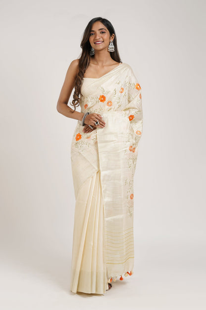 Teejh Yamira Off White Pure Silk Linen Saree with Blouse Piece