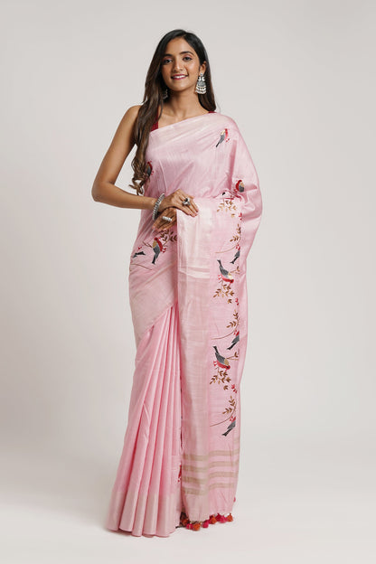 Teejh Amolika Pink Pure Silk Linen Saree With Blouse Piece