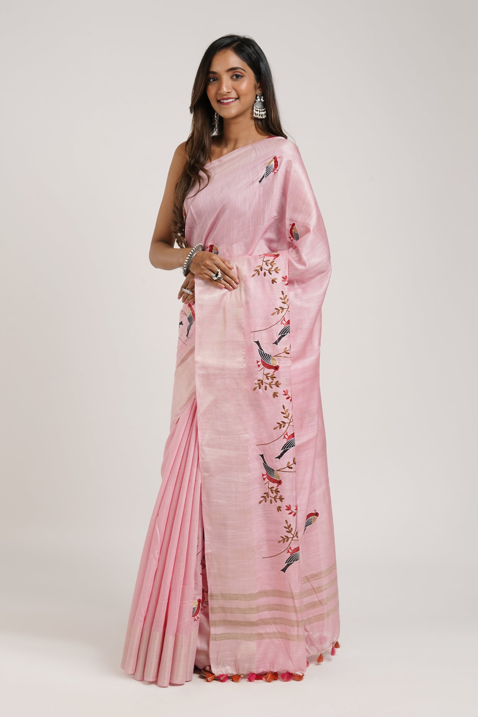Teejh Amolika Pink Pure Silk Linen Saree With Blouse Piece
