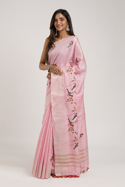 Teejh Amolika Pink Pure Silk Linen Saree With Blouse Piece