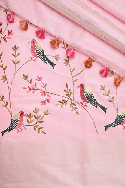 Teejh Amolika Pink Pure Silk Linen Saree With Blouse Piece
