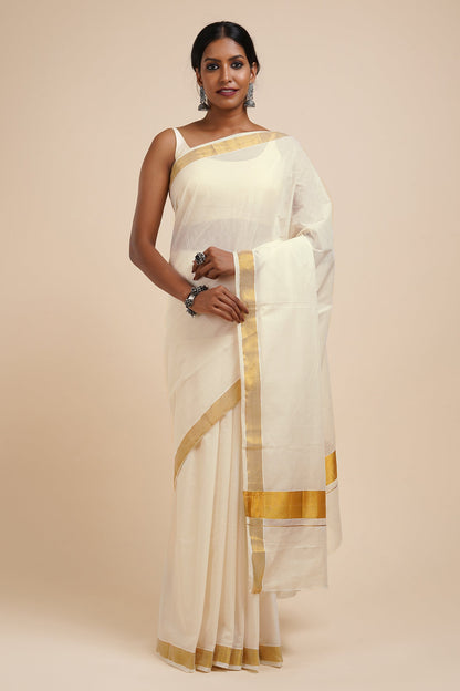 Teejh Kalyani White and Gold Kerala Cotton Kasavu Saree
