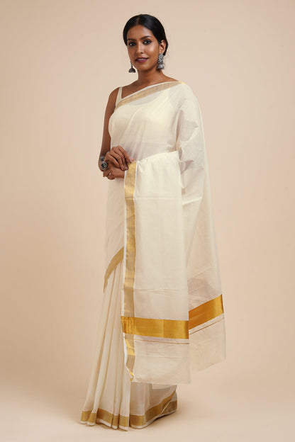 Teejh Kalyani White and Gold Kerala Cotton Kasavu Saree