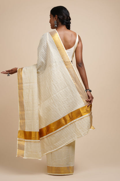 Teejh Taara White and Gold Kerala Cotton Kasavu Saree