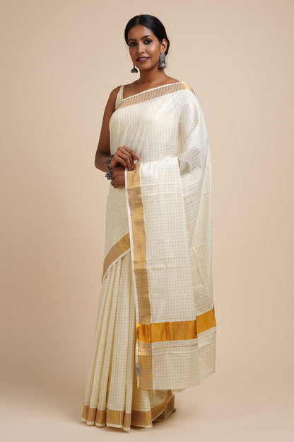 Teejh Padma White and Gold Kerala Cotton Kasavu Saree