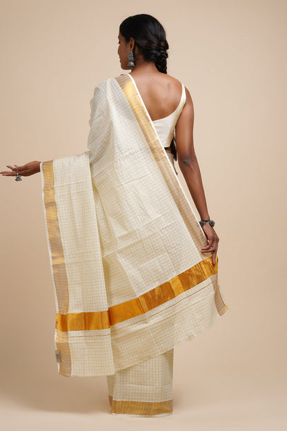 Teejh Padma White and Gold Kerala Cotton Kasavu Saree