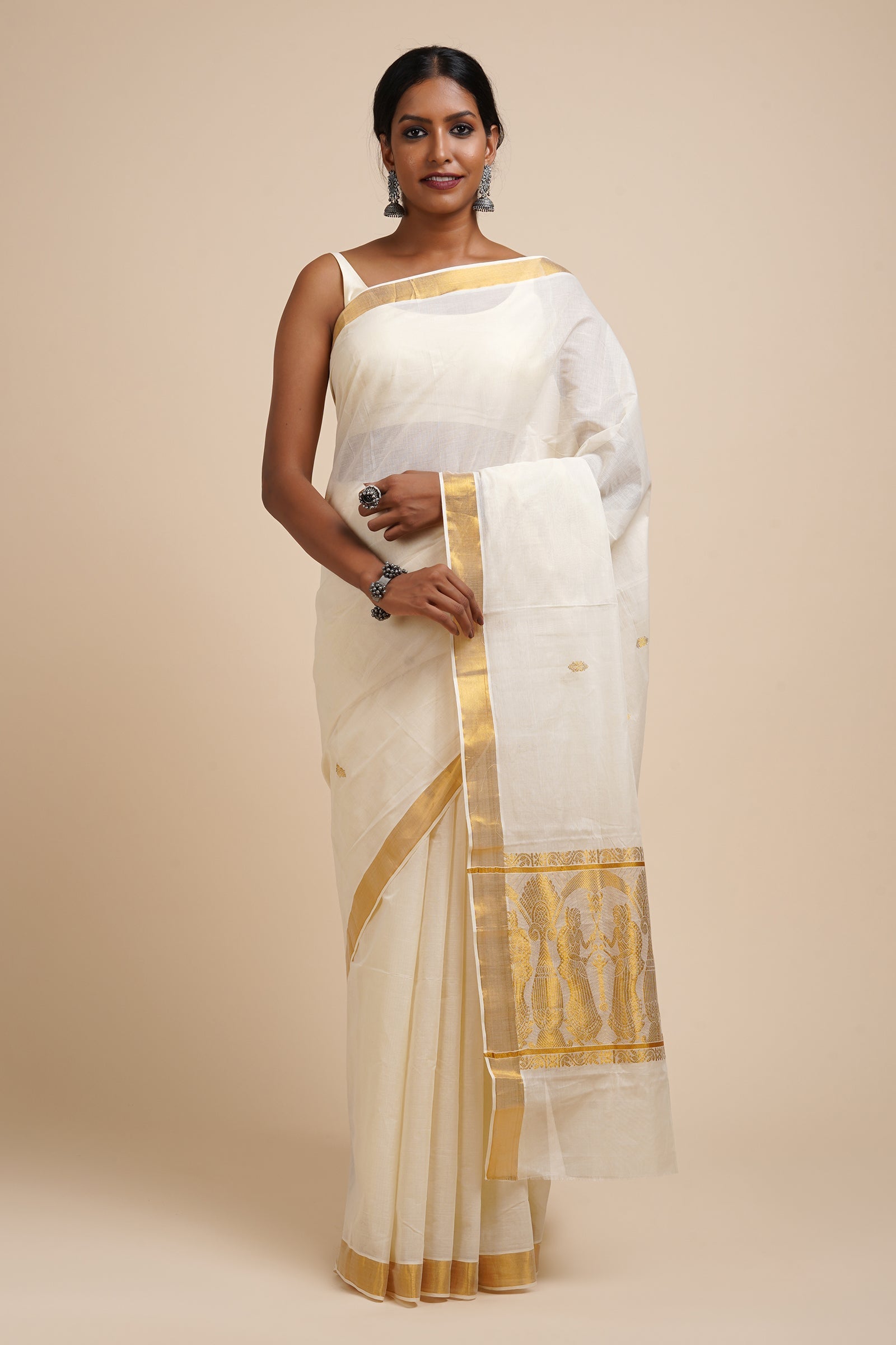 Teejh Kalleshwari White and Gold Kerala Cotton Kasavu Saree