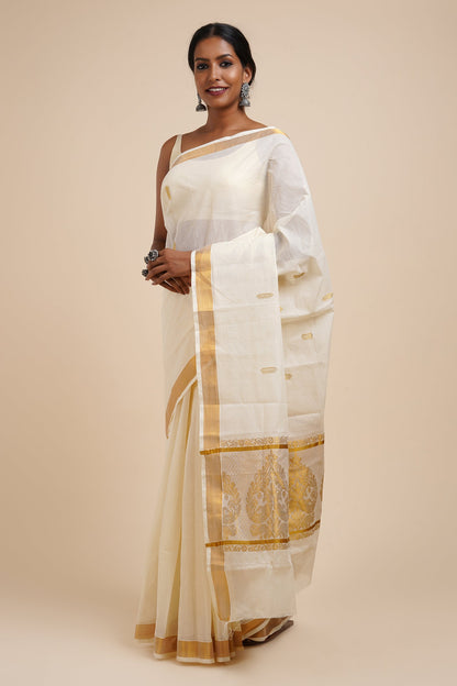Teejh Arandhini White and Gold Kerala Cotton Kasavu Saree