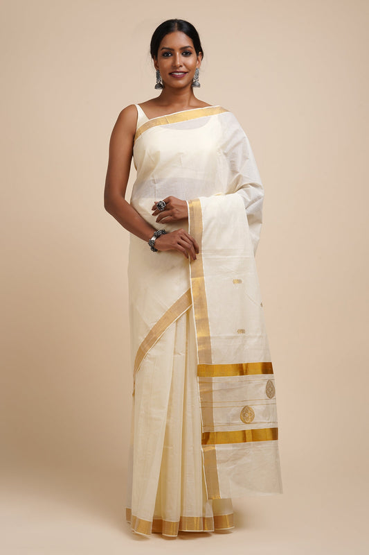 Teejh Preetika White and Gold Kerala Cotton Kasavu Saree