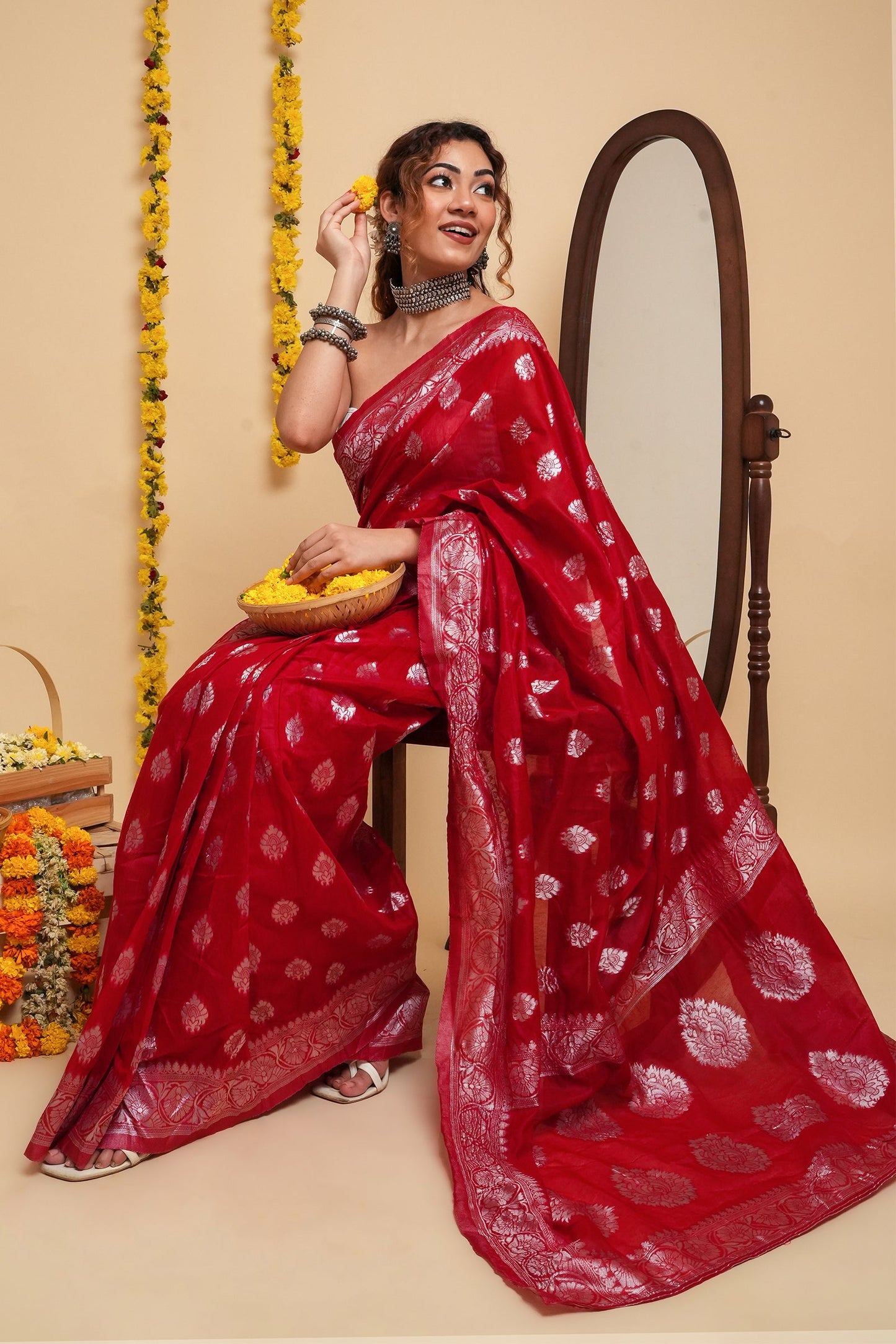 Teejh Taaki Red Linen Soft Cotton Ready to Drape Saree