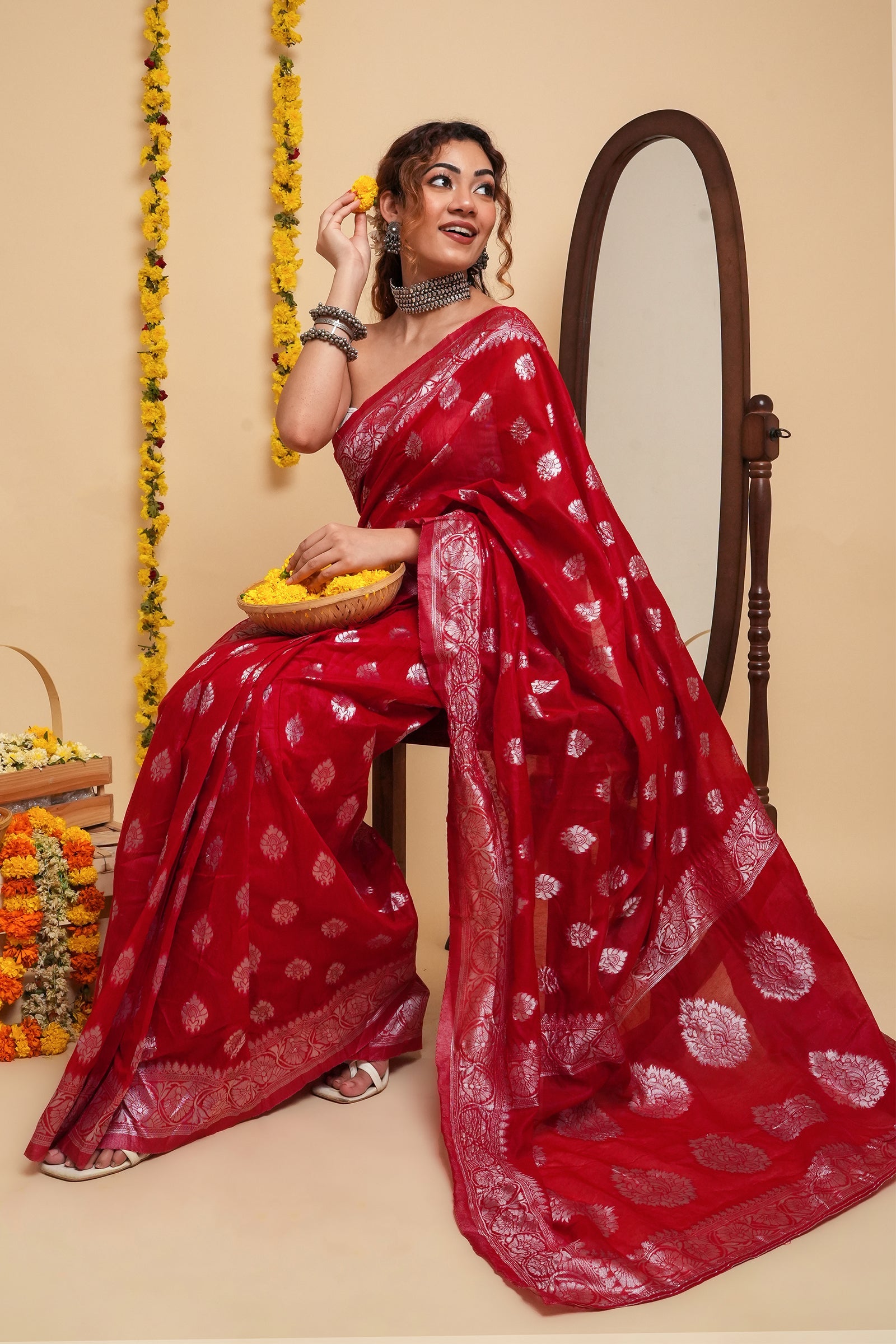 Teejh Taaki Red Linen Soft Cotton Ready to Drape Saree