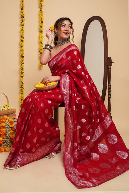 Teejh Taaki Red Linen Soft Cotton Ready to Drape Saree