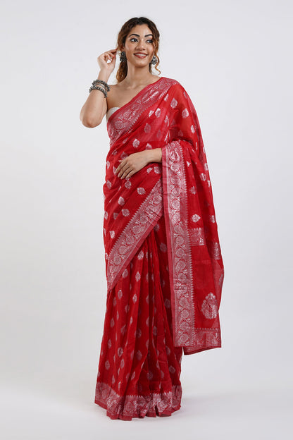 Teejh Taaki Red Linen Soft Cotton Ready to Drape Saree