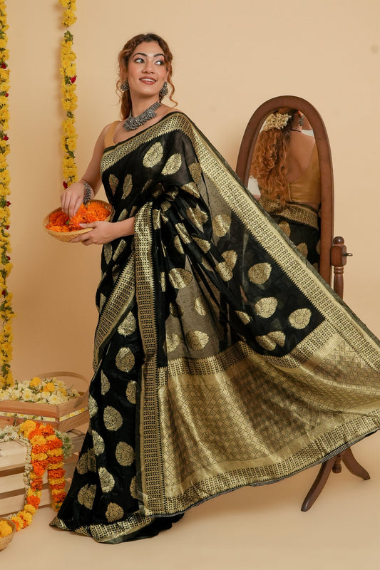Teejh Kalmah Black Soft Cotton Silk Ready to Drape Saree