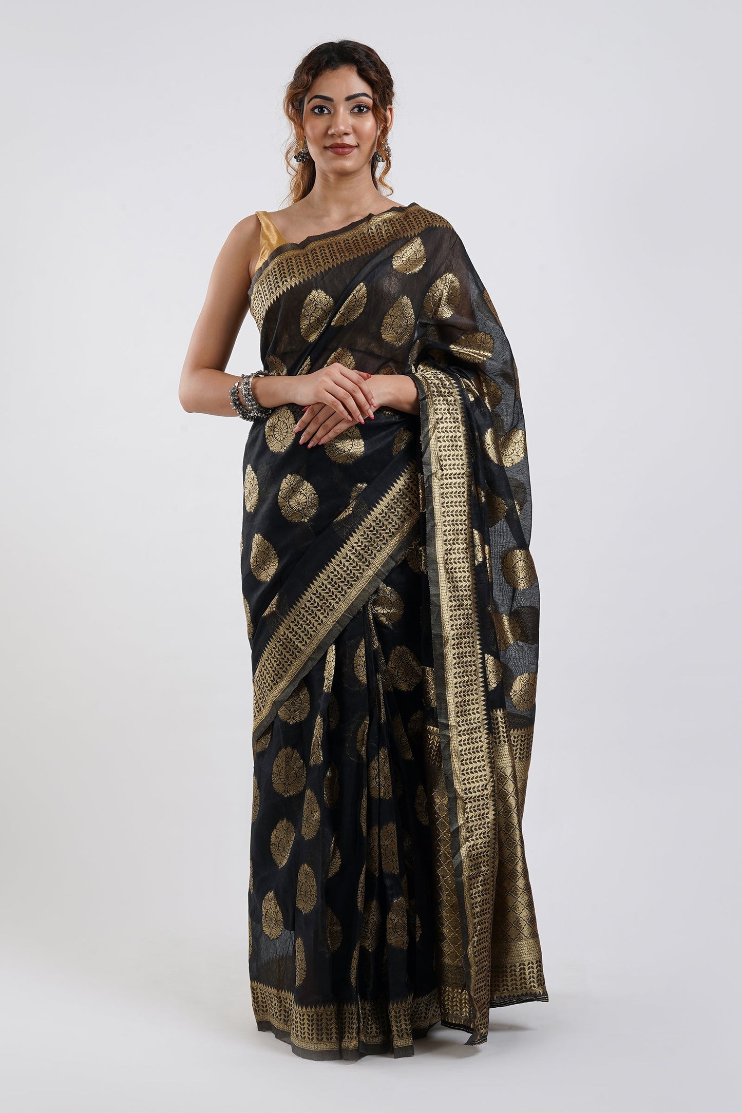 Teejh Kalmah Black Soft Cotton Silk Ready to Drape Saree