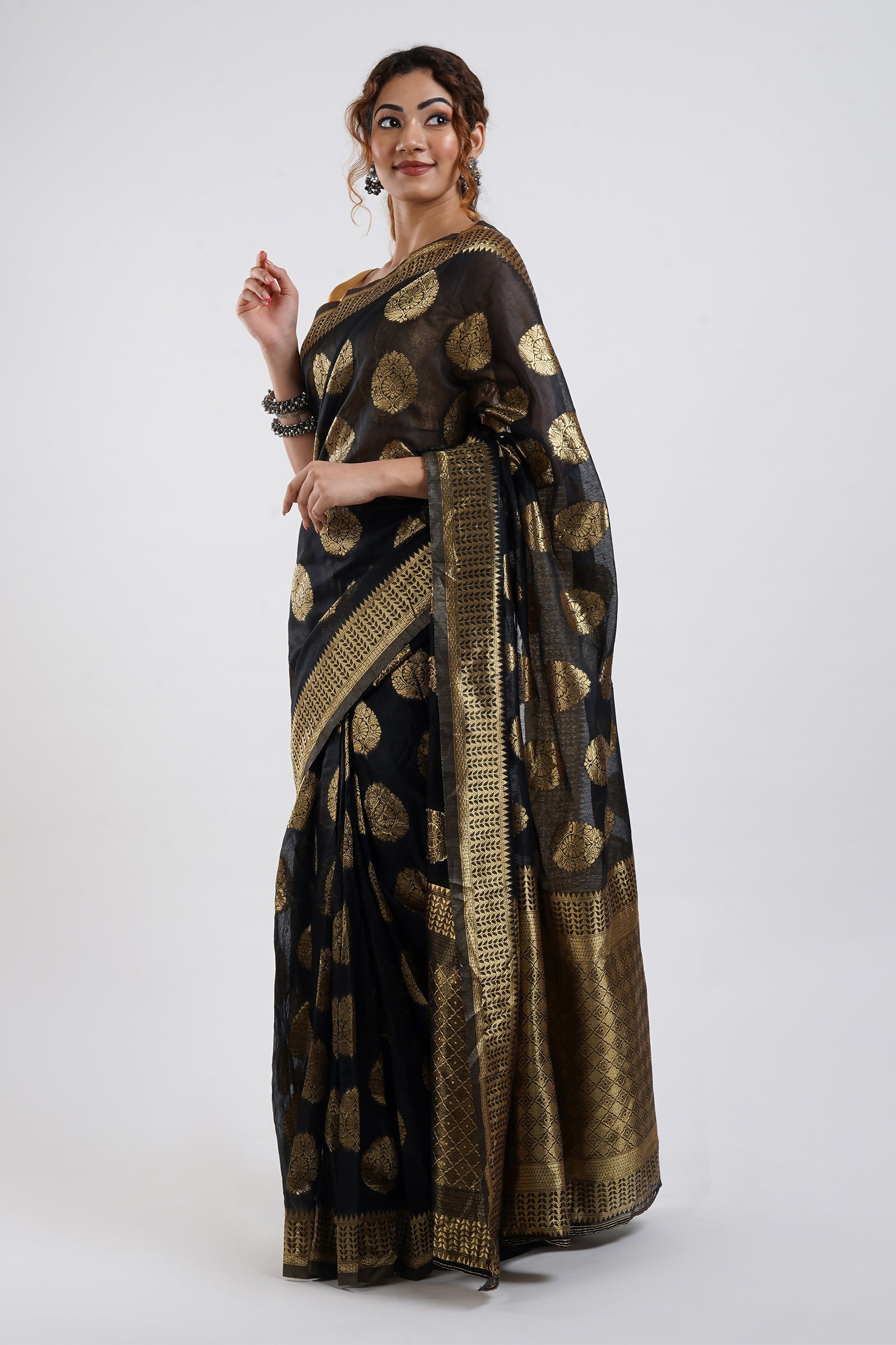 Teejh Kalmah Black Soft Cotton Silk Ready to Drape Saree