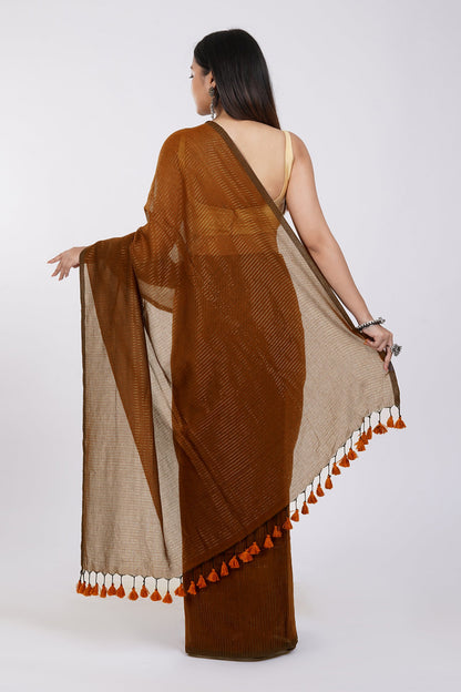 Teejh Leya Brown Cotton Zari Saree