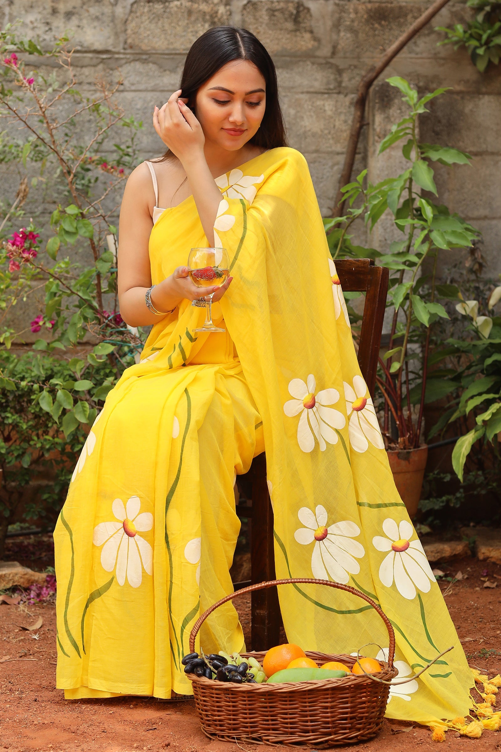 Teejh Blossom Breeze Yellow Printed Mulmul Cotton Saree