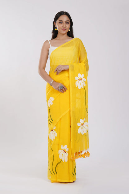Teejh Blossom Breeze Yellow Printed Mulmul Cotton Saree