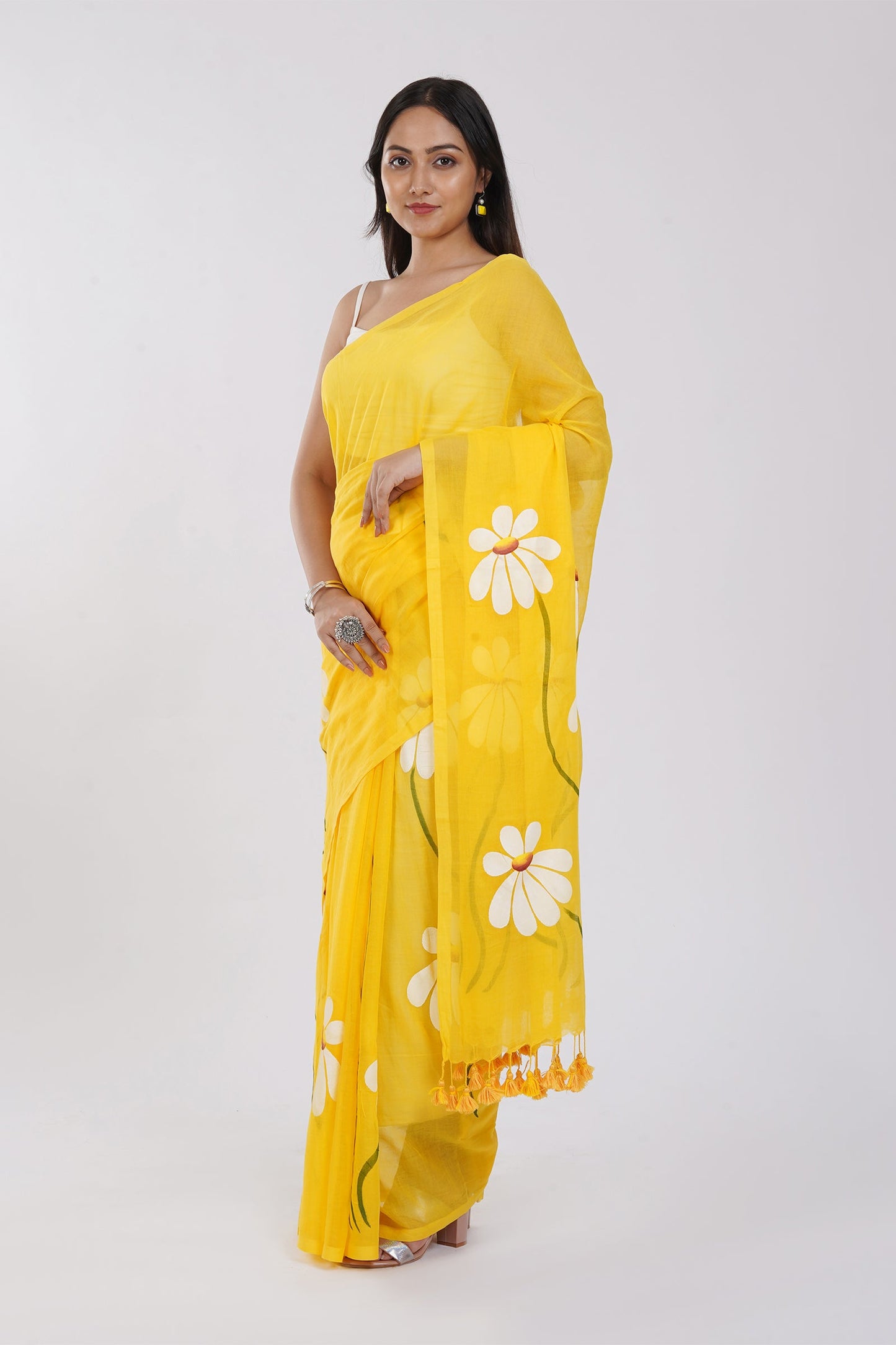 Teejh Blossom Breeze Yellow Printed Mulmul Cotton Saree