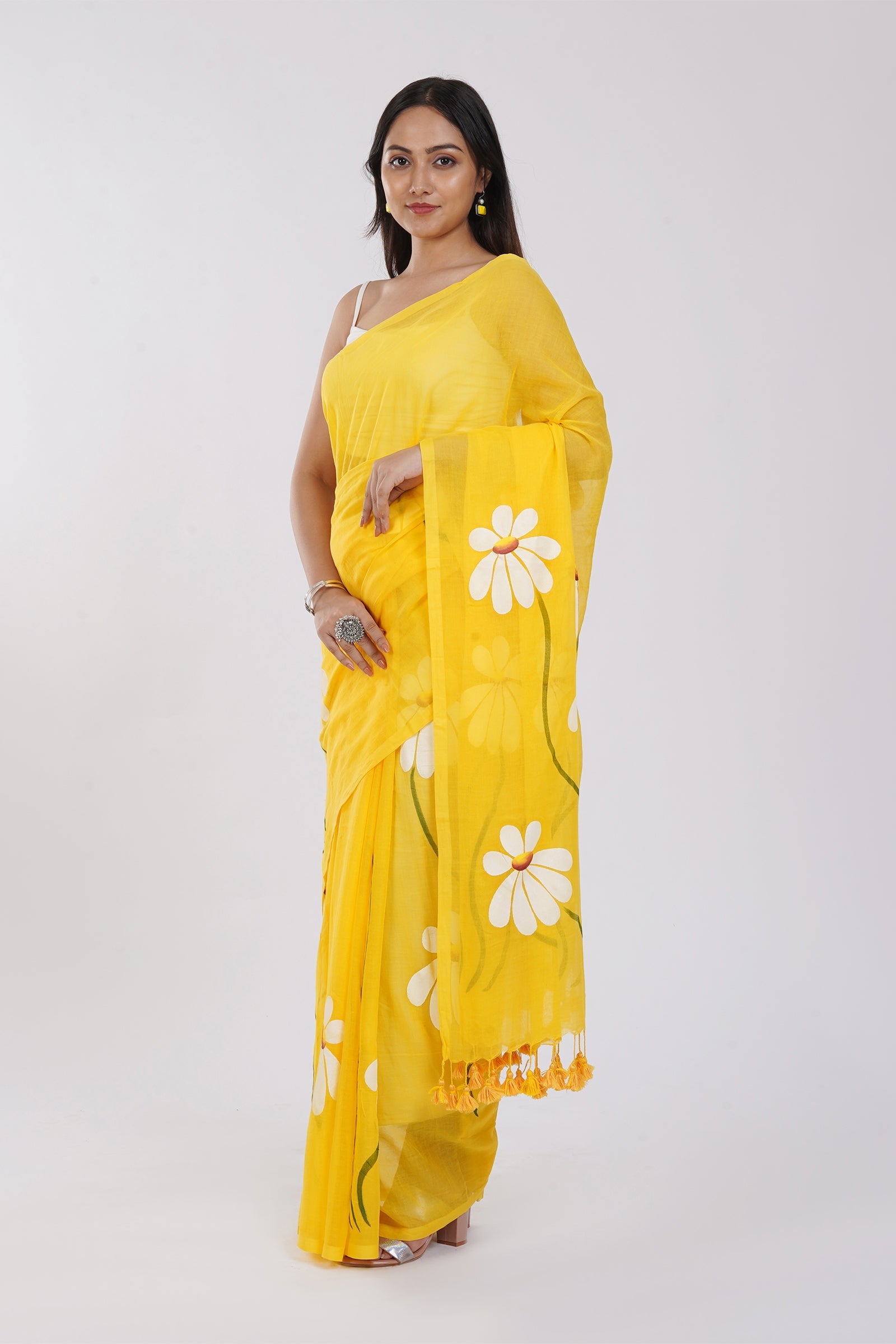 Teejh Blossom Breeze Yellow Printed Mulmul Cotton Saree