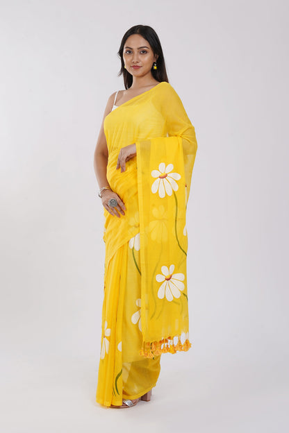 Teejh Blossom Breeze Yellow Printed Mulmul Cotton Saree