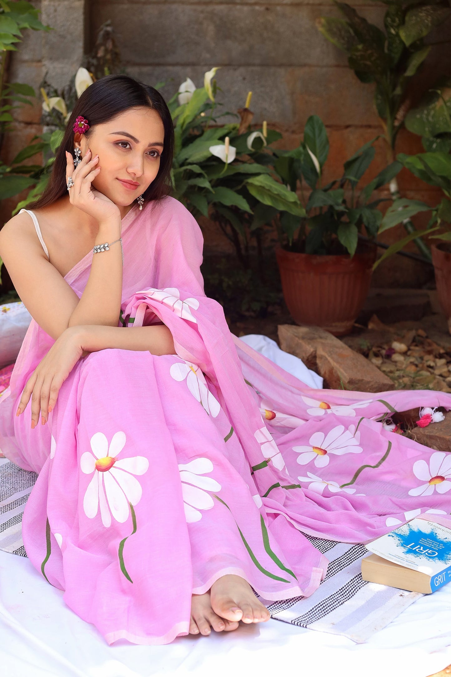 Teejh Blossom Breeze Light Pink Printed Mulmul Cotton Saree