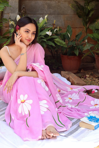 Teejh Blossom Breeze Light Pink Printed Mulmul Cotton Saree