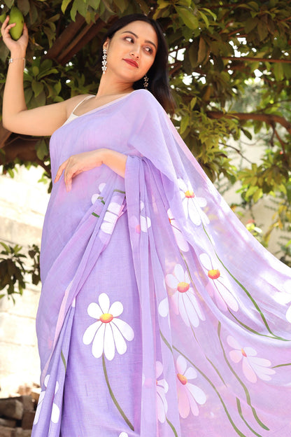 Teejh Blossom Breeze Purple Printed Mulmul Cotton Saree