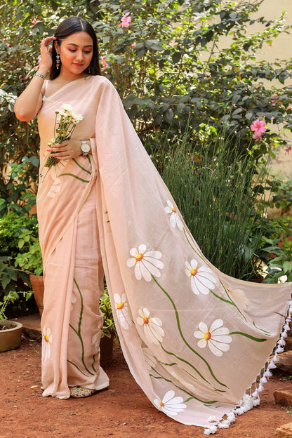 Teejh Blossom Breeze Cream Printed Mulmul Cotton Saree