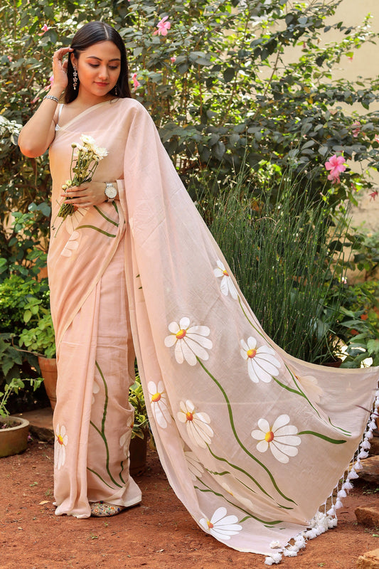 Teejh Blossom Breeze Cream Printed Mulmul Cotton Saree