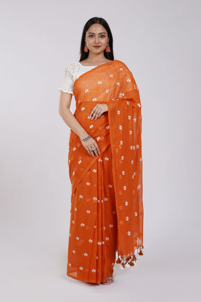 Teejh Reiya Rust Orange Embroidered Mulmul Cotton Saree