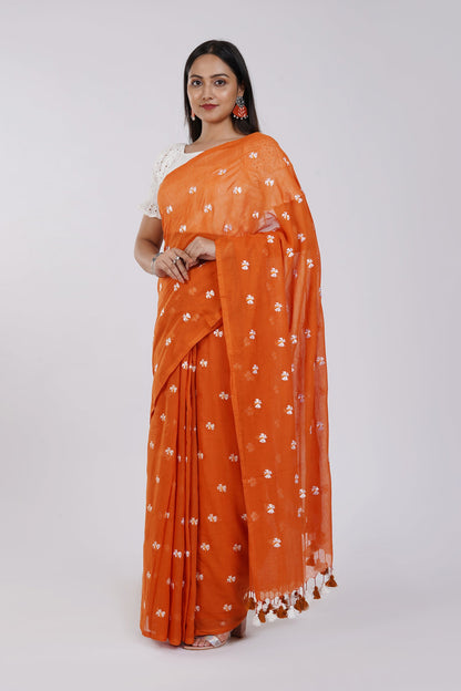 Teejh Reiya Rust Orange Embroidered Mulmul Cotton Saree