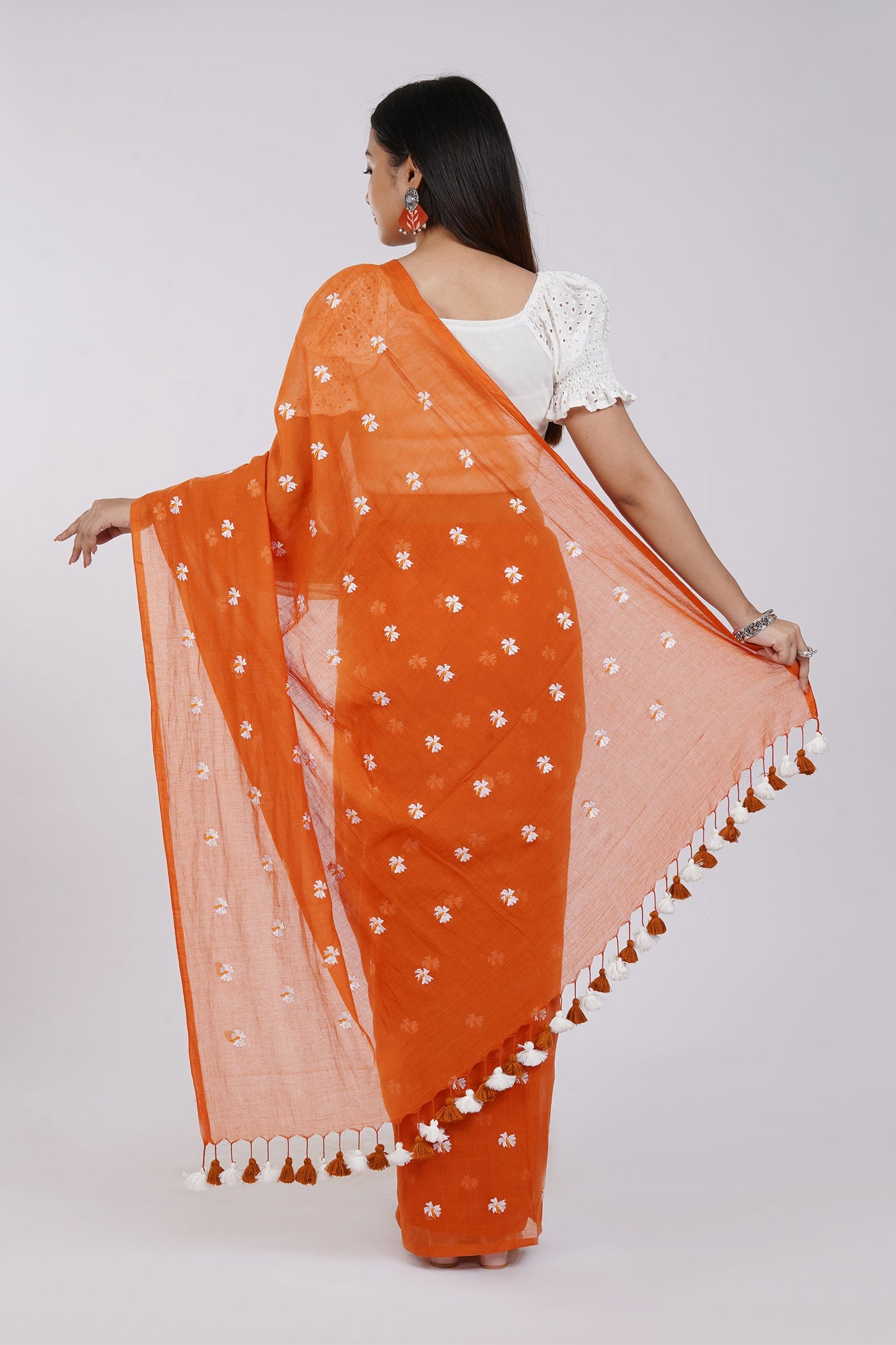 Teejh Reiya Rust Orange Embroidered Mulmul Cotton Saree