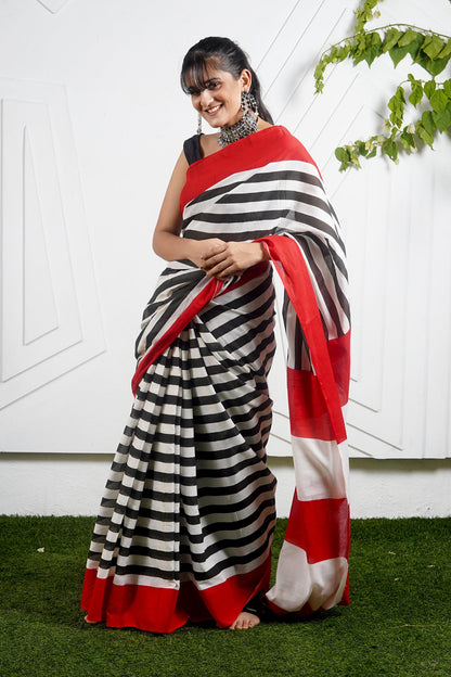 Teejh Innayat Black & Red Stripes Print Mulmul Cotton Saree