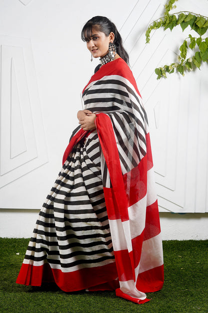 Teejh Innayat Black & Red Stripes Print Mulmul Cotton Saree